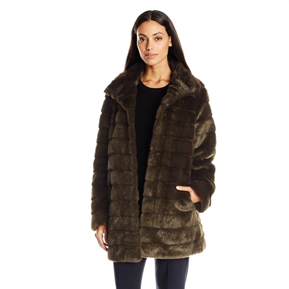 Anne Klein Brown Faux Fur Mid Length Coat Size Small